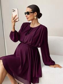 MaterniWear Đầm bầu tay dài màu trơn, kiểu xoắn phía trước. - Màu Đỏ Sâu - Xem 6