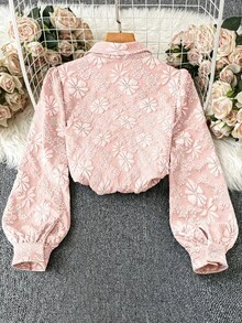 EMERY ROSE 女士纯色提花面料翻领灯笼袖休闲通勤时尚优雅法式复古甜美约会粉色长袖衬衫 - 粉色 - 查看 6