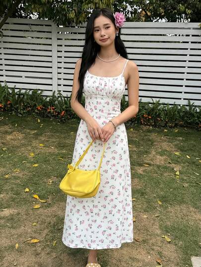 SHEIN 青少年女孩修身休闲碎花无袖连衣裙，舒适