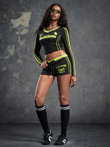 SHEIN How to Train Your Dragon 2pcs Women Letter Print Crop Top And Shorts Set Work Sports Black Summer Graphic Y2k - Black - View 6