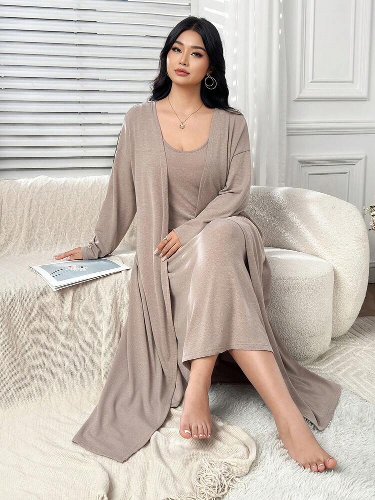 Dazy Plus 2pcs/Set Casual Solid Color Loungewear, Loose Fit Long Sleeve Cardigan And Long Sleeveless Nightgown, Plus Size Women Spring/Autumn Pajama Set