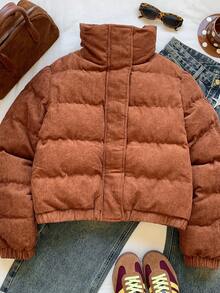 SHEIN EZwear 秋冬季按扣式灯芯绒绗缝外套 - 棕色 - 查看 7