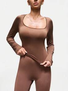 SHAPORA 女士性感圆领弹力休闲棕色上衣，家居服 - 咖啡棕 - 查看 5