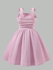 Women's Red Spaghetti Strap Bow Tie Waist Midi Dress, Sexy & Elegant, Beaded Textured Fabric, Back To School Season Tween Girl Pearl Dress Tween Girls Elegant Dress That Is Light Pink Young Girl Sleeveless Party Dress Cute Dresses For - Pink - View 2