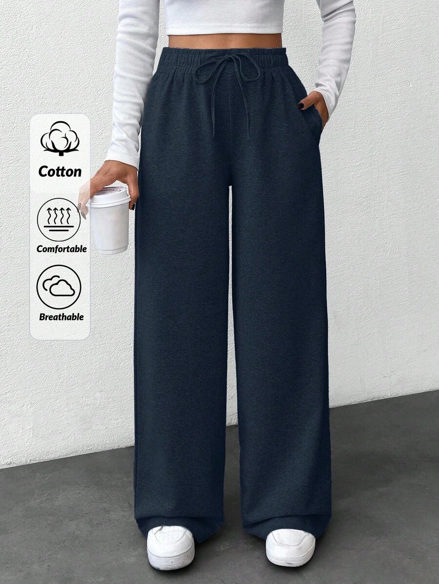 SHEIN Women Solid Color High Waist Straight Pants - Navy Blue - View 1