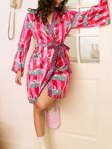 Chillnights Women's Casual Loose Tie-Waist Satin Robe With Colorblock Leopard And Striped Print, Comfortable And Youthful Silk Robe Set Silk Robes For Women - Multicolor - View 6