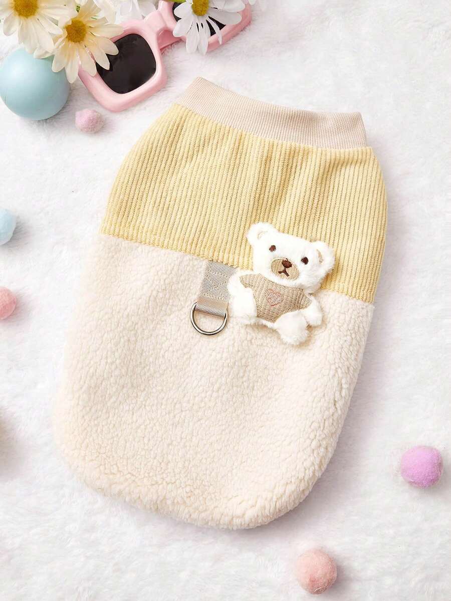 PETSIN 1pc 2 In 1 Cute Thermal Lined Warm Leash-Attached Pet Jacket For Autumn/Winter - Beige - View 1