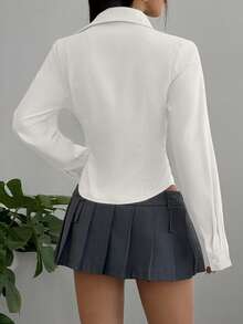 Flirla Women's Casual Versatile Commuter Solid Color Waist Shirt - White - View 2