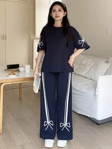 SHEIN 少女海军蓝针织纯色拼接丝带蝴蝶结设计宽松阔腿运动裤休闲运动套装 - 寶藍色 - 查看 3