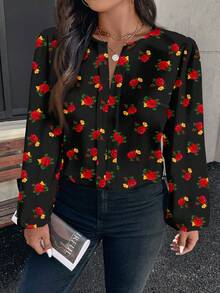 EMERY ROSE 大码女式印花V领灯笼袖时尚衬衫 - 彩色 - 查看 3