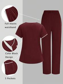 TaskEZ 2pcs White & Red Splice Casual V-Neck Short Sleeve Top And Pants Uniform Set, Cleaning Service Uniform Set - Burgundy - View 2