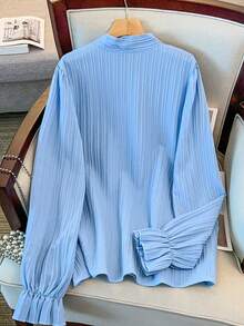 GlowEve CURVE Plus Size Elegant Commuter Shirt With Pearl Decor Collar And Tie - Blue - View 2