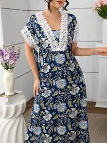 SHEIN Lacomfia Đầm dài tay phối ren họa tiết hoa thanh lịch dành cho nữ, thích hợp cho mùa xuân/hè. - Màu xanh hải quân - Xem 2
