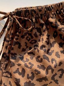 SHEIN EZwear Women's Casual Leopard Print Drawstring Waist Loose Pants - Brown - View 3