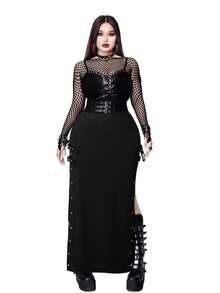 Whyspr Plus Size Women's Solid Color Grommet Buckle High Slit Sexy Punk Style Party Skirt