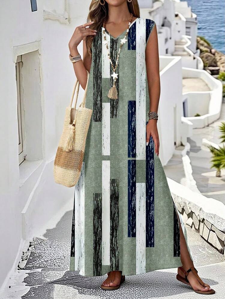 Vestido largo casual de mujer con patrón geométrico, cuello en V, abertura lateral y dobladillo suelto - Vestido maxi casual, vestido maxi largo de verano, vestido maxi bohemio, vestido maxi de vacaciones