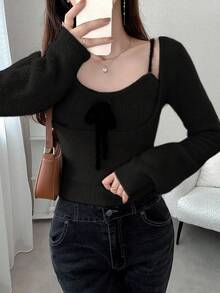 FRIFUL Women's Apricot Solid Color Inner Pocket Sleeveless Jacket, Long Sleeve Contrast Color Drawstring Bow Knit Sweater 2-Piece Set, Autumn - Black - View 3