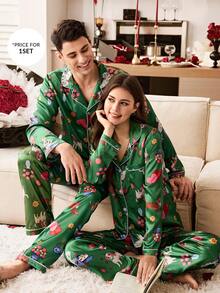 CoupledUp Men's Casual Funny Cute Valentine's Day Sausage Dog, Heart, Balloon, Flower Print Lapel Long Sleeve Satin Couple Pajama Set - Green - View 6