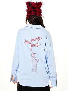 SUMWON WOMEN New York Print Striped Button Front Oversized Long Sleeve Shirt With City Name Graphics And Statue Of Liberty Back Design Casual Collared Top - Blue and White - View 2