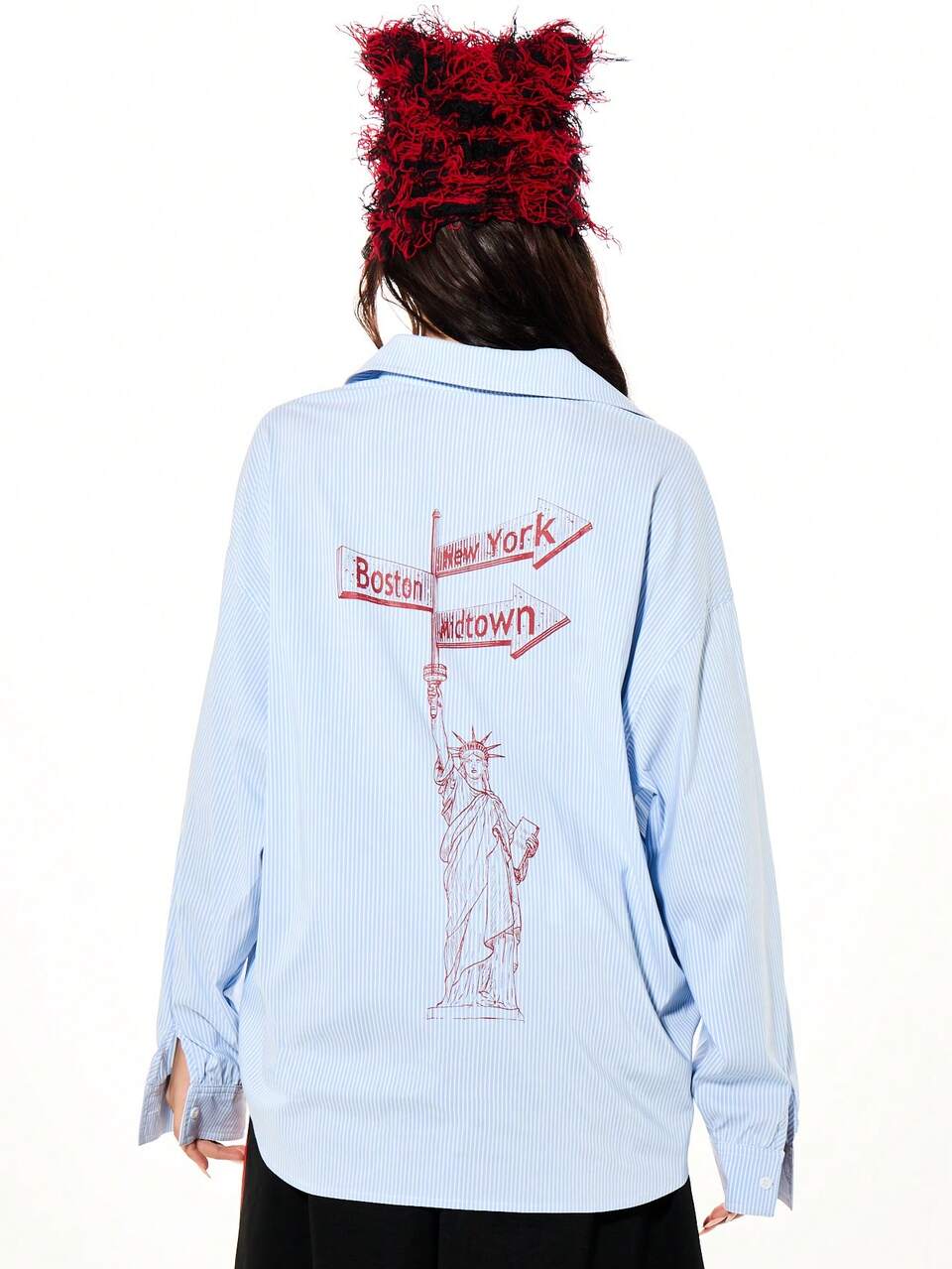 SUMWON New York Print Striped Button Front Oversized Long Sleeve Shirt With City Name Graphics And Statue Of Liberty Back Design Casual Collared Top