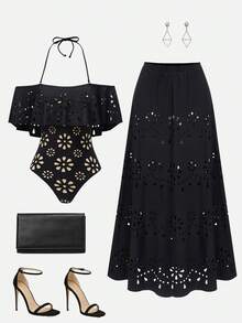 Swim Oasis Women's Hollow Out Off-Shoulder Halter One-Piece Swimsuit Cover Up Skirt 2026 For School,Suitable For Holiday, Date, Afternoon Tea, Western, Cruise, Beach, Island, Road Trip, All Seasons, Music Festival, Boho Vacation,Bohemian Vacation, Chill Autumn ,Western Boho ,Elegant Tops For Women Burnished Openwork Bohemian Style, Noble And Elegant Black Skirt Set Vacation Outfits Woman Skirt Set Skirt And Top Black Two Piece Havana Nights Outfit - Black - View 1