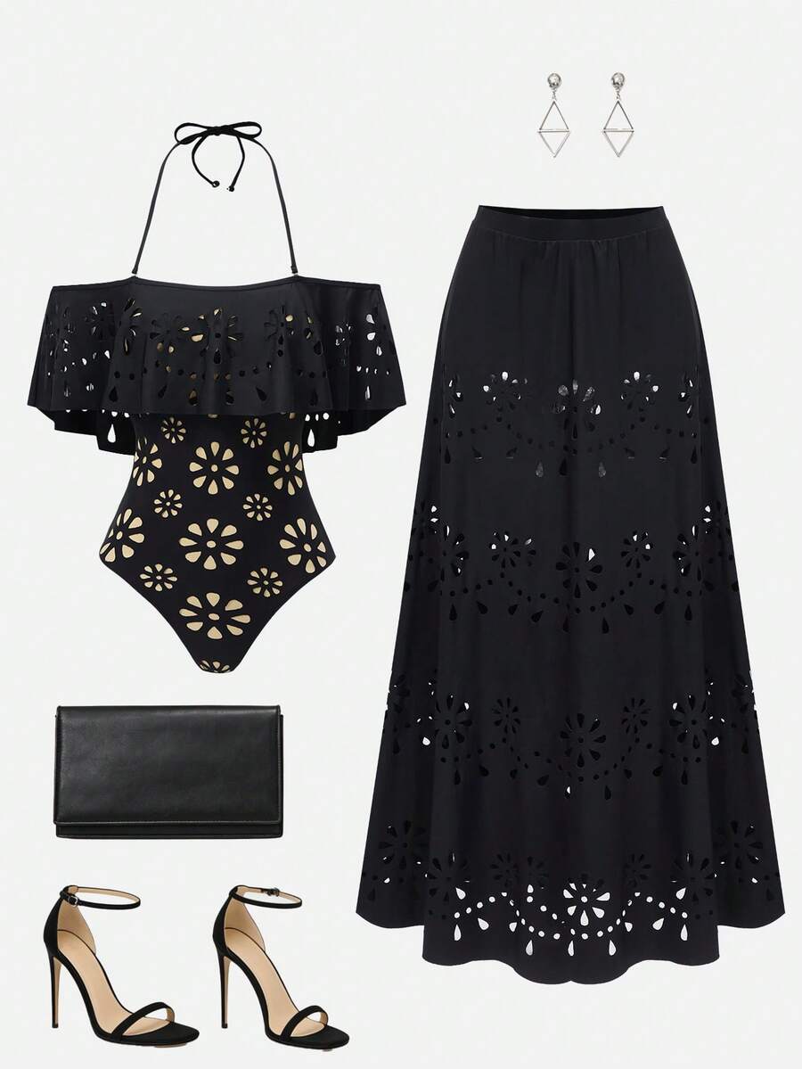 Swim Oasis Women's Hollow Out Off-Shoulder Halter One-Piece Swimsuit Cover Up Skirt 2026 For School,Suitable For Holiday, Date, Afternoon Tea, Western, Cruise, Beach, Island, Road Trip, All Seasons, Music Festival, Boho Vacation,Bohemian Vacation, Chill Autumn ,Western Boho ,Elegant Tops For Women Burnished Openwork Bohemian Style, Noble And Elegant Black Skirt Set Vacation Outfits Woman Skirt Set Skirt And Top Black Two Piece Havana Nights Outfit - Black - View 1