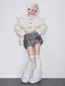 ROMWE Y2K Gothic Cross Embroidered Fuzzy Women Shorts, Halloween - Dark Grey - View 5