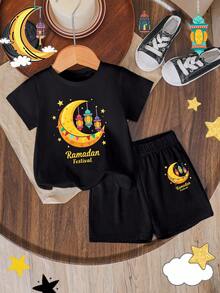 Moon And Lantern Pattern,Round Neck Short Sleeve Outfit For Birthday,Parties,Festivals - Black - View 6