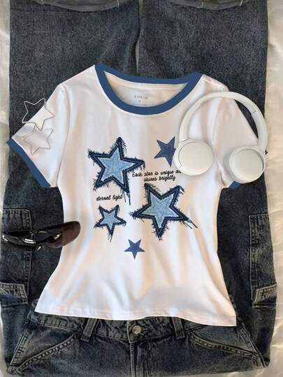 Glimmora Women's Y2K Casual Fashionable Street Denim Star Slogan Print Contrast Binding Round Neck Short Sleeve T-Shirt, Summer