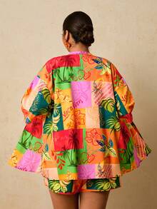 Travachic Plus Size Tropical Print Top And Shorts 2 Pieces Set, Casual Holiday Outfit - Multicolor - View 2