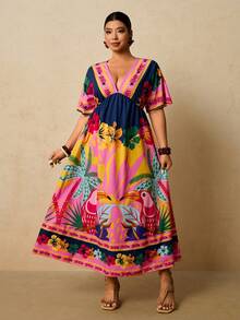 Travachic 大码女式热带植物印花度假连衣裙 鹦鹉印花连衣裙 V领短袖宽松连衣裙 - 彩色 - 查看 4