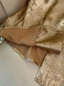 GlowEve CURVE Áo kiểu không tay thanh lịch dành cho nữ cỡ lớn, cài cúc phía trước, đường may vai, thắt nơ, chất liệu vải ánh kim. - Vàng - Xem 7