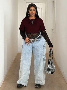 Maweii 大码女式休闲蕾丝拼接连体衣 - 酒紅色 - 查看 2