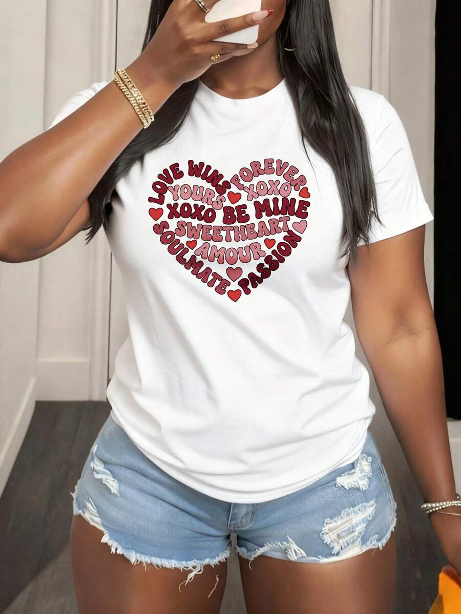 Camiseta de algodón para mujer con estampado de corazón en forma de texto amoroso y corazones rojos para San Valentín y ocasiones románticas - Blanco - Ver 1