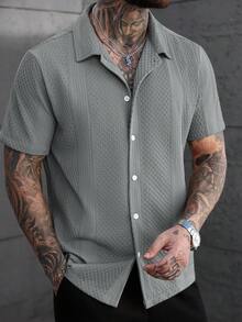 Manfinity CasualCool Áo sơ mi nam tay ngắn dệt kim jacquard màu trơn - Xám - Xem 4