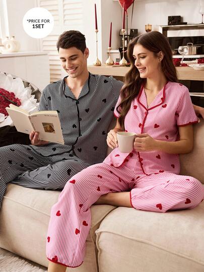 CoupledUp Conjunto de pijama informal con estampado de corazones a rayas para hombres