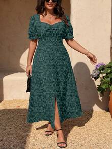 SHEIN Clasi Clasi Plus Size Solid Color Heart Neck Slit Up Thigh Elegant Short Sleeve Mini Poika Dot Dress - Green - View 3