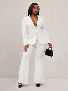 Radiana Elegant Plus Size White Knitted Suit Set Regular Long Sleeve Button Front Top And Pants For Casual Or Business - White - View 1