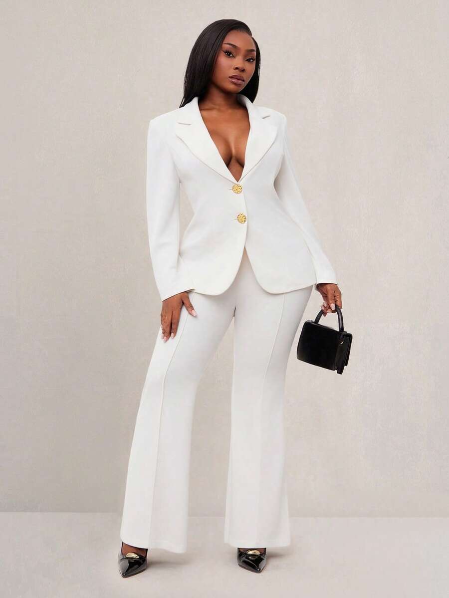 Radiana Elegant Plus Size White Knitted Suit Set Regular Long Sleeve Button Front Top And Pants For Casual Or Business - White - View 1