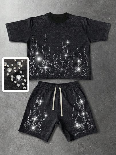 Conjunto casual de camiseta de manga corta con cuello redondo y decoración de rhinestones, y pantalones cortos con cordón en la cintura para hombres, para uso diario, vacaciones y viajes