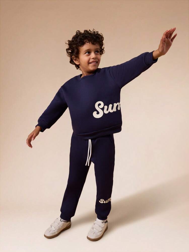 Crew Neck Sweatshirt And Jogger Set With Script Print