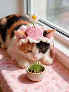 1pc Hand Knitting Design Knitted Pet Hat,Cute Cartoon Cat Cap - Delicate Pet Headgear For Small Dogs And Cats - color - View 1