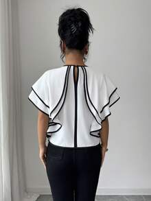 SHEIN Elenzya Women's Round Neck Fashionable Black And White Contrast Ruffle Sleeve Blouse - White - View 2