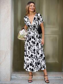 Louniche 女士褶皱水墨印花长裙，夏季 - 白色 - 查看 1