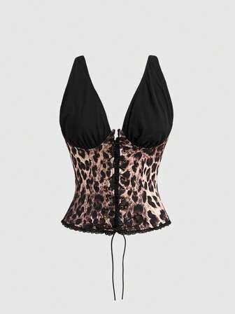 Kawaii Y2K sexy metallisches Ösen-Schnürung Leoparden-Muster Mesh Patchwork Damen Top