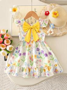 SHEIN Playful Pals Baby Mädchen Mode Blumen Muster Rückenausschnitt Schleife Design Kleid, geeignet für stilvolle Urlaubsoutfits - Verschiedenfarbig - Übersicht 3