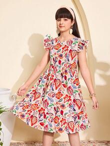 Vestido de verano vintage con estampado floral, manga corta, volantes y lazo en la espalda para niña preadolescente - Multicolor - Ver 3