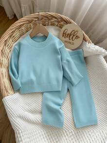 Baby Girl Fashionable Solid Color Long Sleeve Sweater And Pants Set, Suitable For Spring And Autumn Bamboo Baby Pajamas Light Blue Outfit 2 Years Old Girl Warm Baby Clothes Light Blue Matching Set Toddler Girl Blue Toddler Outfit Autumn And Winter Two Piece Suit Toddler Two Piece Sets Baby Girl Warm Sets Baby Two Piece Set Two Piece Winter Outfits For Toddler Girl