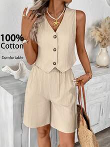 Easowa 2pcs Women Casual Solid Color Sleeveless Top & Bermuda Shorts Set, Basic Daily Outfit, Spring/Summer Old Money Style - Apricot - View 14