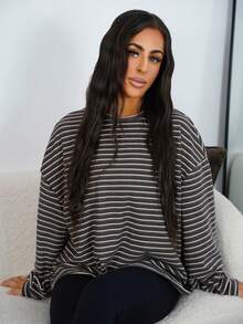 SAYEHFBABY Striped Long Sleeve Oversized Soft Boxy Fit Top Only Fall Autumn Cosy Cute Casual Coffee Club Winter Christmas Christmas,Elegant - Multicolor - View 5